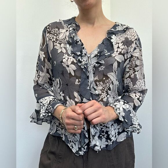 Vintage Y2K 100% Silk Ruffle Boho Floral Shirt Semi Sheer Blouse Size L - Picture 5 of 10